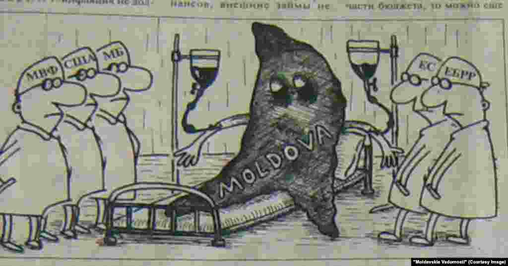 "Moldavskie Vedomosti", 13 decembrie 1997, caricatură cu Moldova pe pat de spital, în aşeptarea transfuziilor de la instituţiile internaţionale