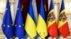 UKRAINE – The national flags of Ukraine, Moldova and the flags of the European Union during a diplomatic event in Kyiv, November 21, 2023