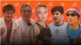 Tajik judoka Somon Mahmadbekov (left), Turkmen Aikido master Murad Kurbanov (second left), Kyrgyz Paralympian Gulnaz Juzbaeva (center), Uzbek soccer star Abdukodir Khusanov (second right), and Kazakh long-distance runner Dosmukhamed Tolegenov (composite file photo)