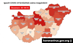 Az igazolt COVID-19 fertőzöttek száma megyei bontásban Magyarországon 2020. október 21-én.