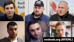 Besides Syarhey Tsikhanouski (top row, center), other Belarusian oppositionists and political prisoners will also be going on trial on June 24, including Ihar Losik (top left), Mikalay Statkevich (top right), Uladzimer Tsyhanovich (bottom left), Artsyom Sakau (bottom row, center), and Dzmitry Papou (bottom right). 