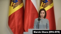 POLAND -- Moldovan President Maia Sandu speaks during a joint press conference with her Polish counterpart after their meeting at the Presidential Palace in Warsaw, June 21, 2021